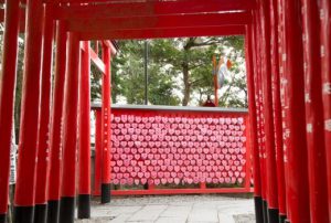 姫亀神社の鳥居とピンクのハート絵馬